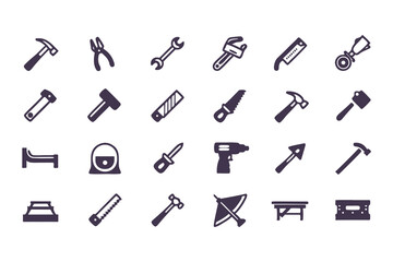 Obraz premium Set of black construction and repair tool icons. vector symbols including hammer, drill, wrench, saw, screwdriver, axe, and toolbox.