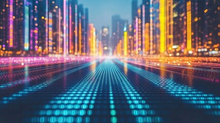 Futuristic city road, digital data flow, night, bokeh, tech