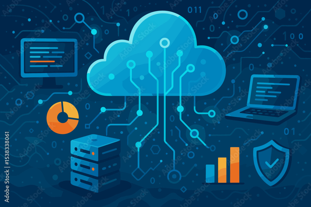 Poster cloud computing technology concept. futuristic digital network illustration with big data storage se