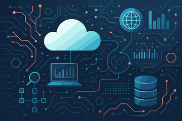 Cloud computing technology concept. Big data analysis and network storage vector illustration. Futuristic background with digital circuit board, database server, and globe icons.