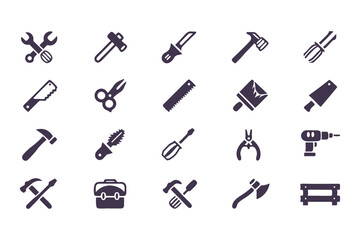 Set of black construction and repair tool icons. vector symbols including hammer, drill, wrench, saw, screwdriver, axe, and toolbox.
