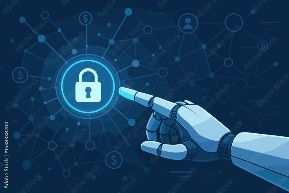Poster cybersecurity concept with ai robot hand touching a lock icon. network security, data protection, an