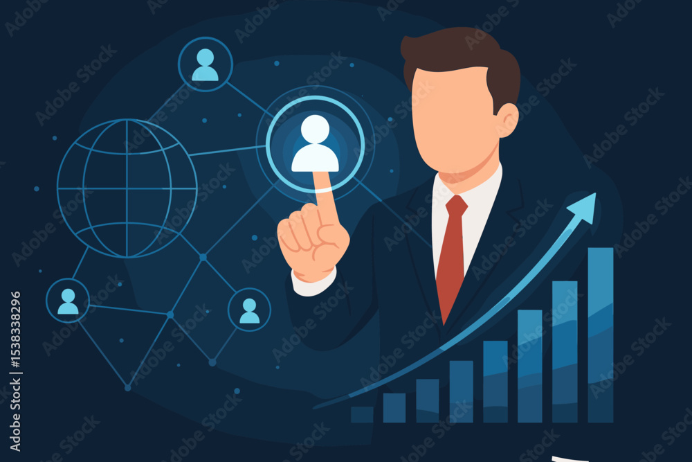 Poster global business network concept. businessman touching digital interface with user icons and globe. t