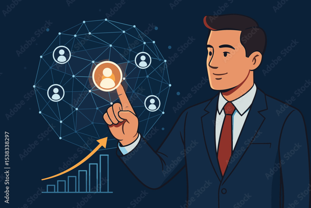 Poster businessman managing a global business network on a digital interface. manager pointing at glowing i