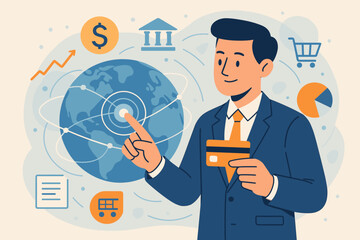 Businessman with credit card making global online payments. Concept of fintech, e-commerce, and international digital transactions. Financial technology and world economy illustration.