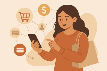 Woman shops online using a smartphone app. E-commerce and mobile payment concept. Customer making a digital purchase with a credit card. Retail technology and consumerism vector