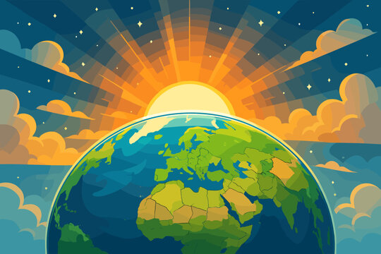 Planet Earth from space vector illustration. Bright sunrise over the globe with world map of Europe and Africa. Concept of a new day, hope, future, new beginning, and ecology.