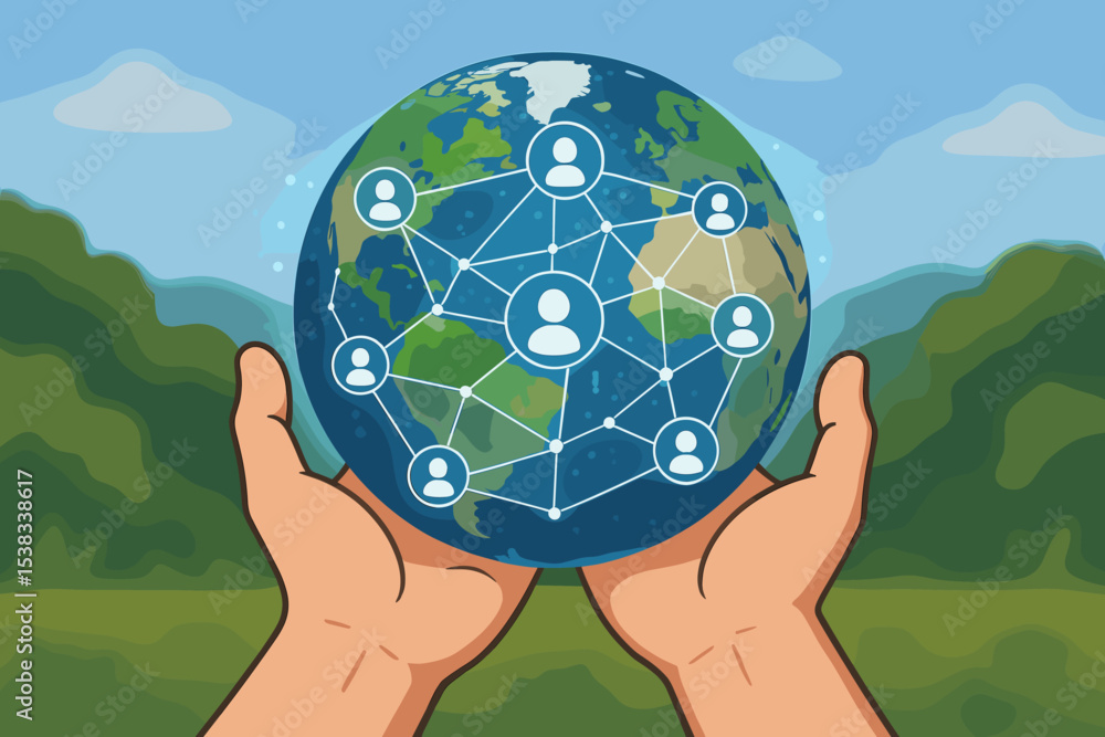 Poster concept of global connection and social network. hands holding planet earth with people icons linked
