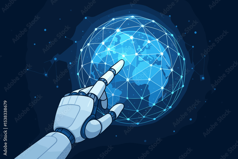 Poster artificial intelligence concept with a robot hand touching a glowing global network. future technolo