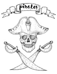 Pirate skull sketch. Hand drawn vector illustration. Pirate skull wearing a tricorn hat. Vintage design.