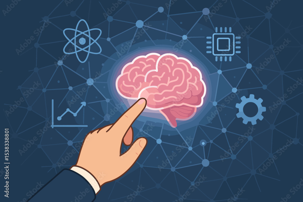 Aufkleber artificial intelligence and human mind concept. hand pointing at brain on a digital neural network. 
