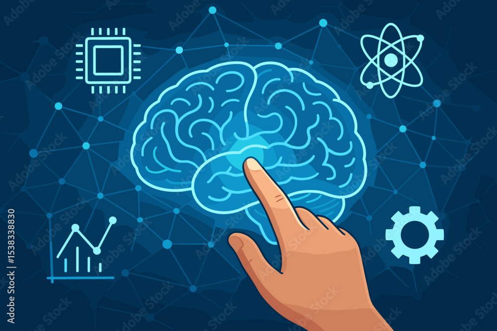 Poster artificial intelligence concept. hand touching a glowing brain icon. digital network background with