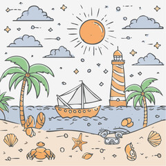 Obraz premium A cheerful hand-drawn illustration of a sunny beach scene featuring a boat, lighthouse, palm trees, crab, starfish, and seashells under a bright sun.
