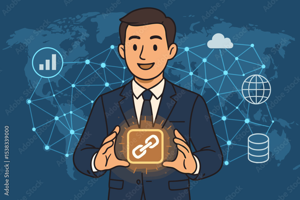 Poster blockchain technology business concept vector. businessman with chain link icon, global network, dec