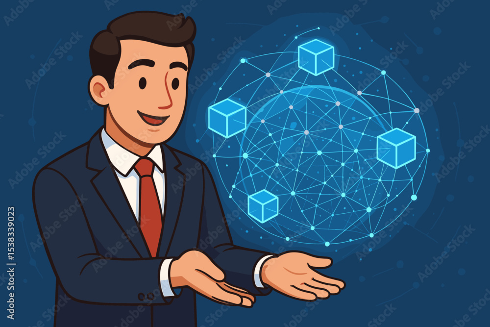 Poster businessman presenting blockchain technology concept. global network with connected data blocks. fin