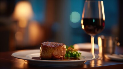 Elegant dining scene featuring a gourmet dish with wine, set in a cozy restaurant ambiance