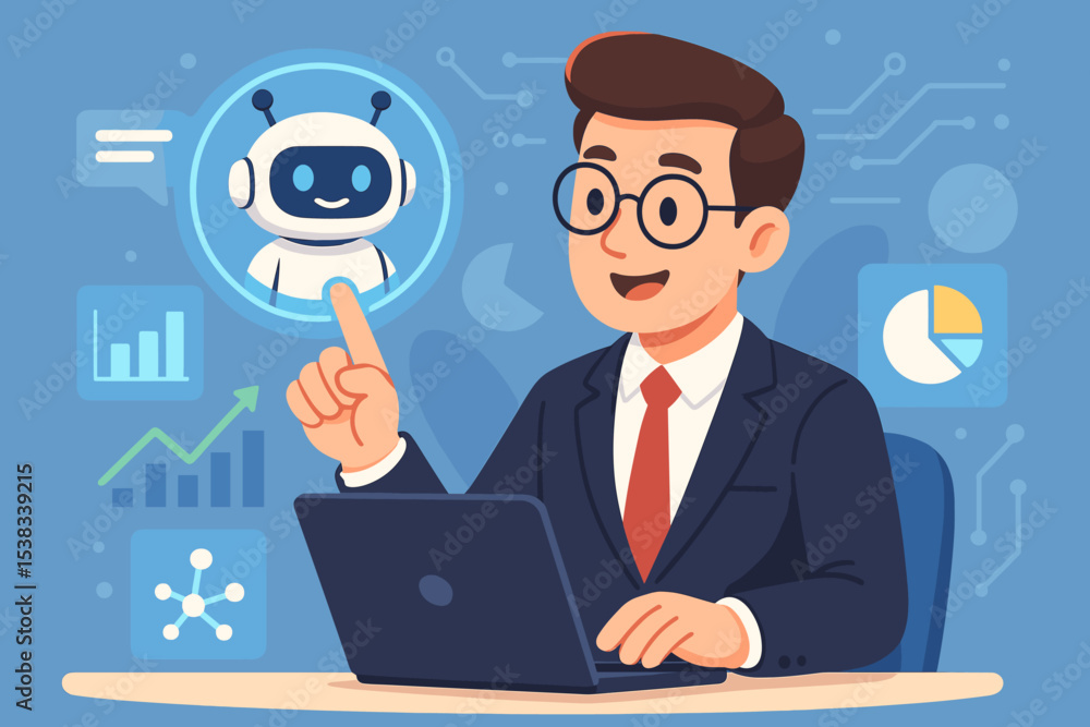 Poster businessman interacts with an ai chatbot for business analysis and growth. concept of virtual assist