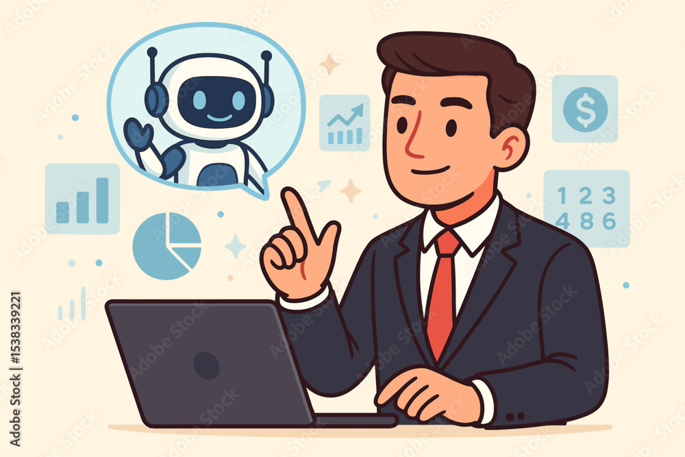 Poster businessman using ai for financial analysis and business automation. man at laptop interacting with 