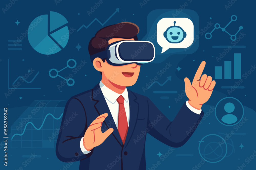 Poster businessman wearing vr headset analyzing data in the metaverse. futuristic interface with graphs, ch