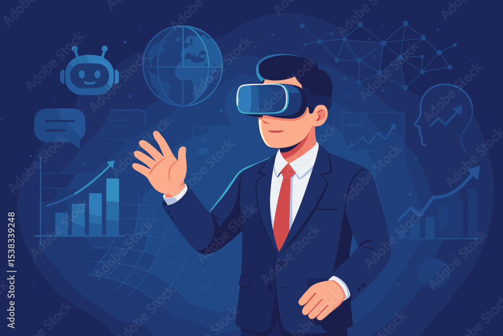 Poster businessman in vr headset analyzing data charts in the metaverse. future technology concept with ai 