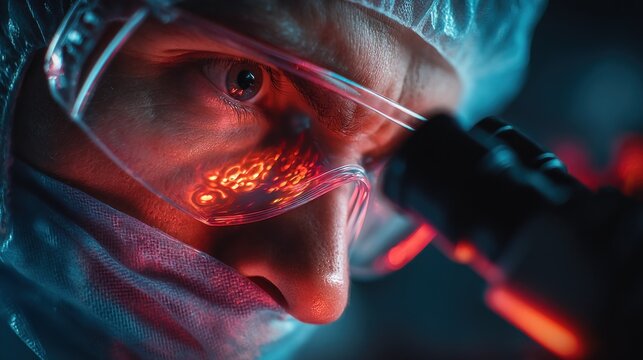 Close-up of researcher with microscope, examining genetic research process - Powered by Adobe