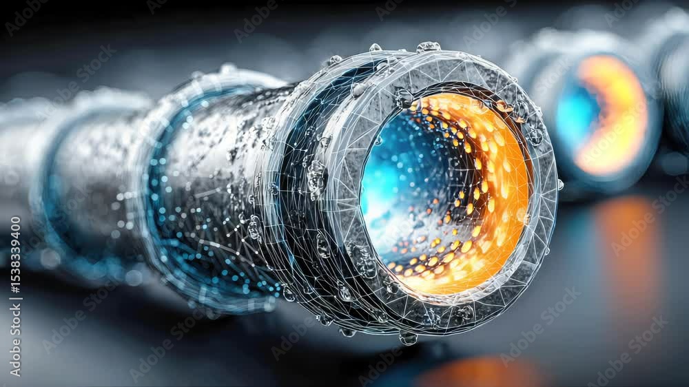Poster conceptual view of a corroded oil pipeline with glowing digital wireframe overlays symbolizing leak 