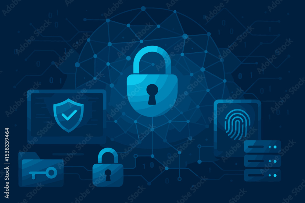 Poster cybersecurity concept with digital padlock. network security and data protection technology backgrou
