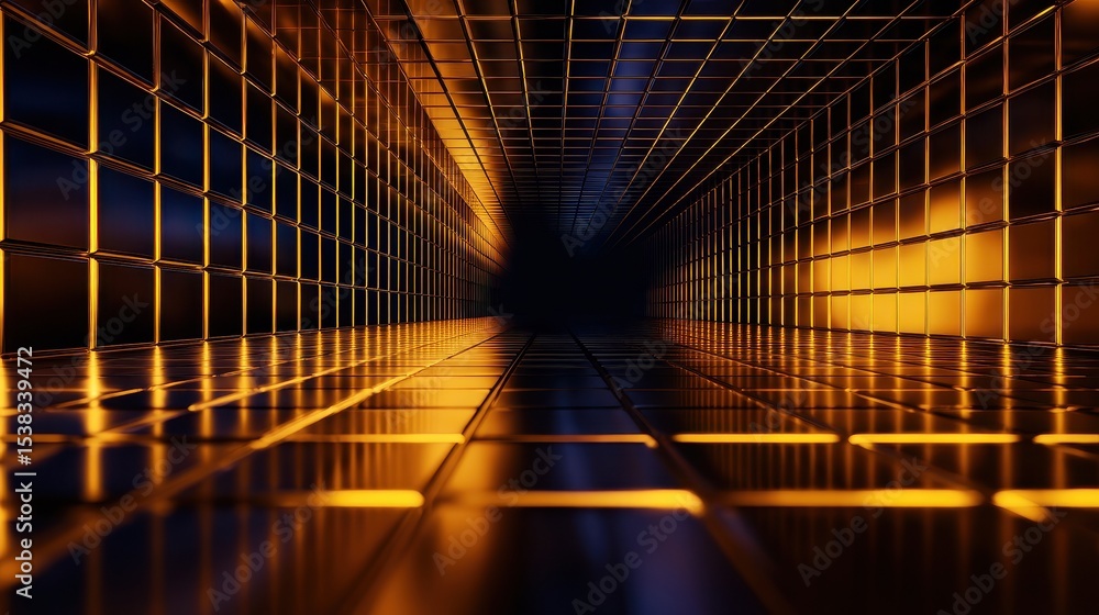 Poster a mesmerizing tunnel of glowing golden grids reflecting light in a dark space