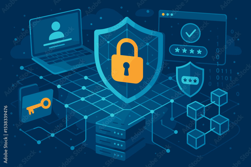 Poster digital security and data protection concept. cyber technology illustration with shield, padlock, an