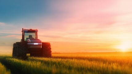 Fototapeta premium Red tractor working in a lush green field during a vibrant sunset with clouds in the sky