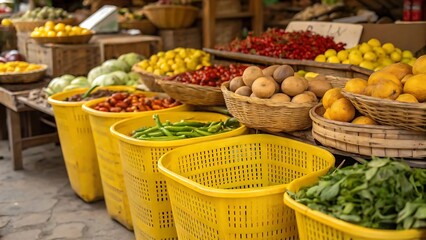 A bustling market scene with a focus on a variety of fresh produce.