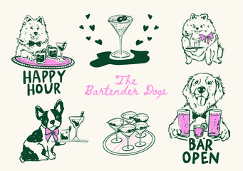 Set of whimsical Waiter dogs illustrations, Hand drawn Bartender dogs and cocktails, Funny Cocktail Hour Doodle illustrations for party invitations, drink menus and web icons