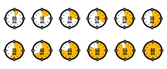 Set of timer. Countdown Timer Icons in Minute Increments from 5 to 60