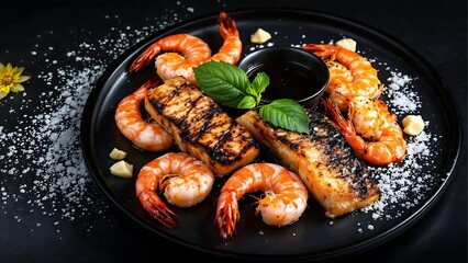 A culinary presentation featuring a plate of seafood with a visually appealing and appetizing composition.