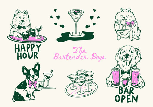 Set of whimsical Waiter dogs illustrations, Hand drawn Bartender dogs and cocktails, Funny Cocktail Hour Doodle illustrations for party invitations, drink menus and web icons
