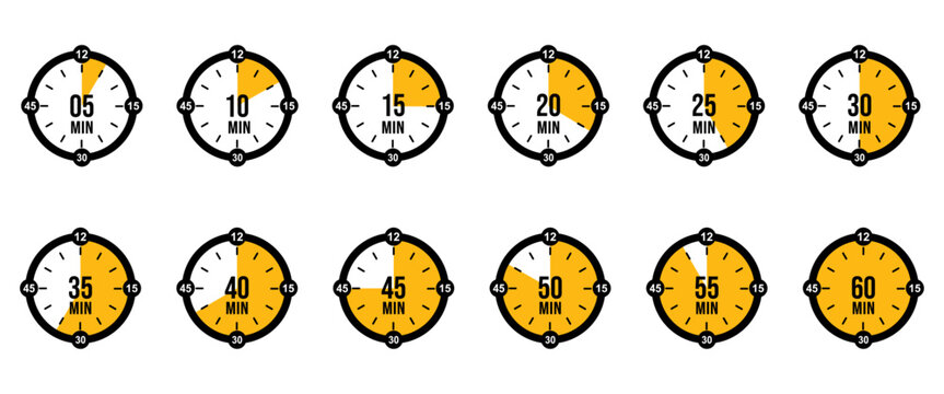 Set of timer. Countdown Timer Icons in Minute Increments from 5 to 60