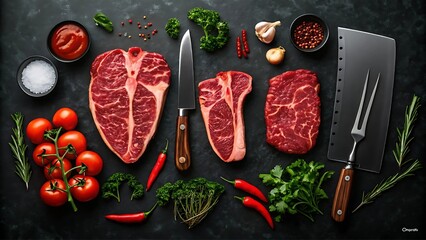 The photo showcases a collection of fresh ingredients, including herbs, spices, and a selection of vegetables, as well as a sharp, robust knife.