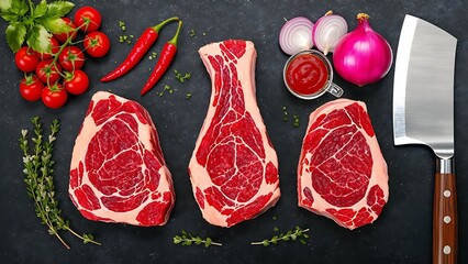 The photo showcases a collection of fresh ingredients, including herbs, spices, and a selection of vegetables, as well as a sharp, robust knife.