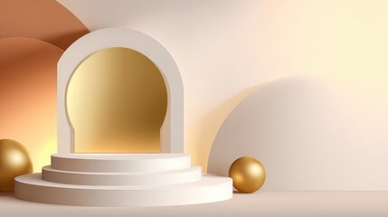 Elegant display with a golden arch and spheres against a soft pastel backdrop