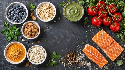 The photo showcases a collection of fresh ingredients, including herbs, spices, and a selection of vegetables, as well as a sharp, robust knife.