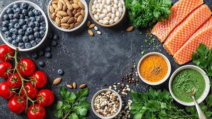 The photo showcases a collection of fresh ingredients, including herbs, spices, and a selection of vegetables, as well as a sharp, robust knife.