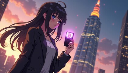 Young woman holding a smartphone with cryptocurrency symbol at sunset in a vibrant cityscape