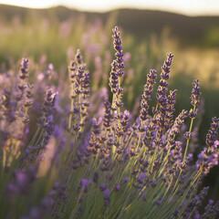 Fototapeta premium Blooming lavender bushes in a field with warm afternoon light,