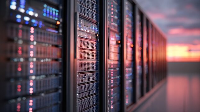 Close-up of server racks in a data center, illuminated by soft sunset light - Powered by Adobe