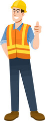 Construction Worker Approves: A cheerful construction worker with yellow helmet and orange vest gives a thumbs-up, symbolizing safety, approval, and hard work in the construction industry.