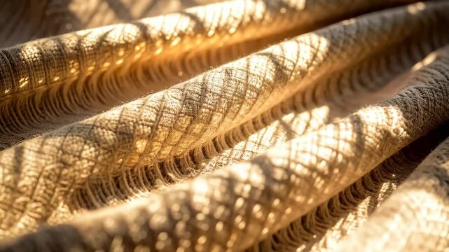Close-up of textured fabric with sunlight and shadows creating geometric patterns on its folds and drapes, showcasing texture and detail.