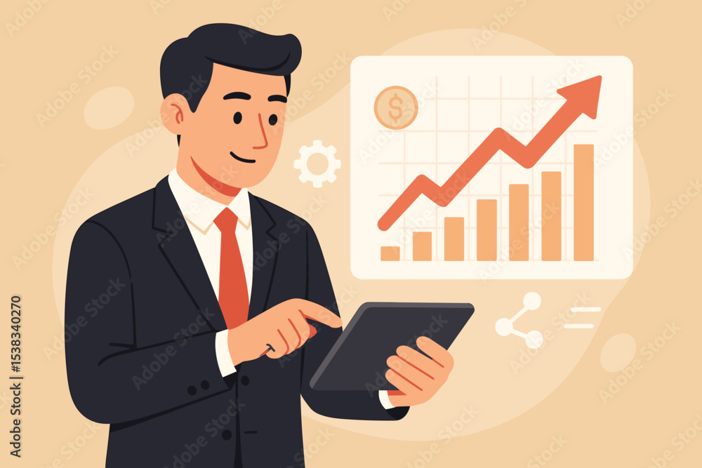 Poster business analysis concept with manager using tablet. financial data graph for investment growth and 