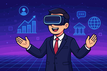 Businessman in virtual reality headset exploring the metaverse. Future business technology concept with data analysis chart, global finance, and communication icons. Vector cartoon.