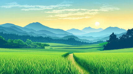World Landscape Architecture Day Green Rice Fields Under Morning Sky: Honoring Sustainable Agriculture And Beautiful Landforms Designed By Nature And Humans