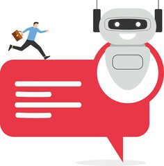 A businessman runs while discussing AI robots, illustration of catching up on business development through the use of AI stock illustration

